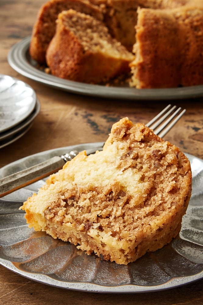 slice of Cinnamon Crown Cake on a pewter plate