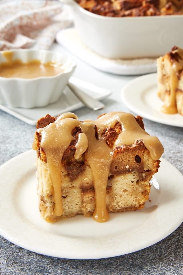 Cookie Butter Pound Cake Bread Pudding topped with a creamy vanilla sauce