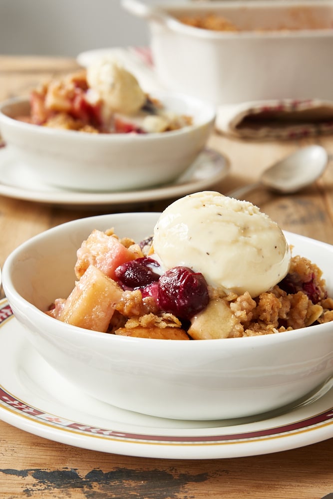 Cranberry Apple Crumble topped with vanilla ice cream