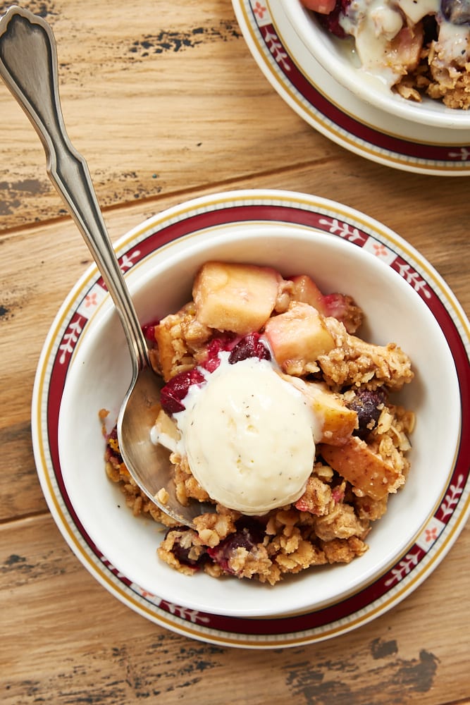 Cranberry Apple Crumble served with vanilla ice cream