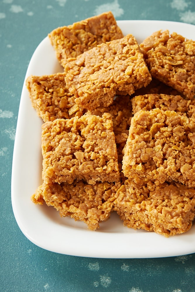 Peanut Butter Corn Flake Bars on a white tray