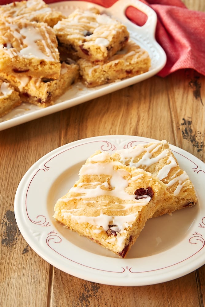 Cranberry White Chocolate Blondies on a white plate