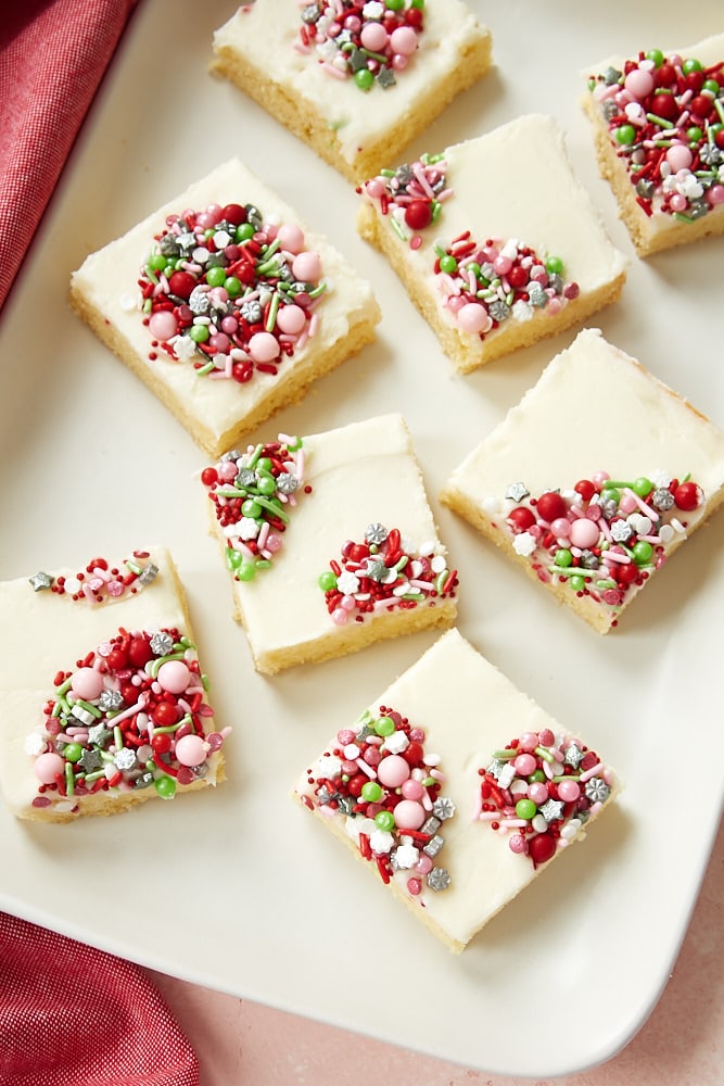 Peppermint Sugar Cookie Bars topped with holiday sprinkles