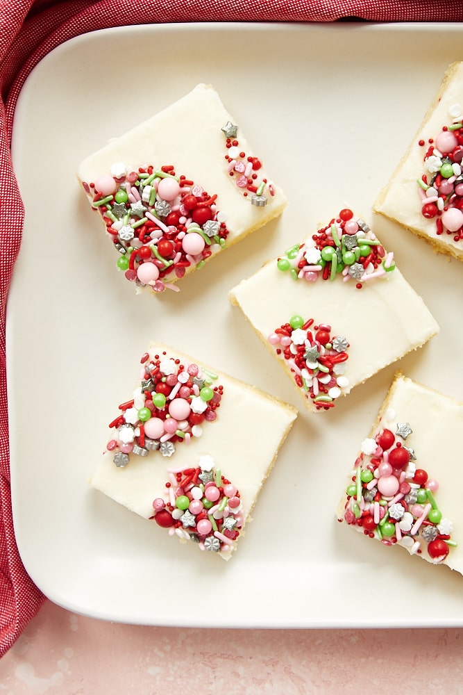 Peppermint sugar cookie bars on a white tray.