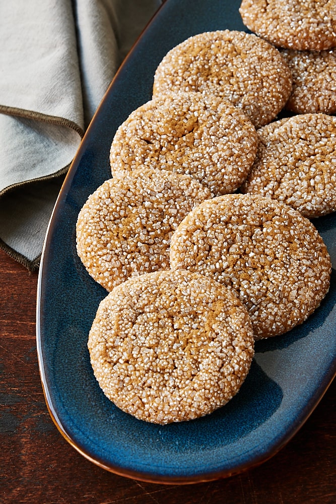 Soft Ginger Molasses Cookies on a blue plate