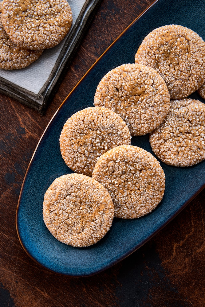 Soft Ginger Molasses Cookies served on a dark blue plate