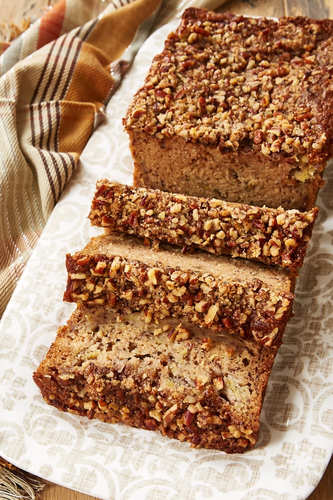 Brown Butter Banana Bread on a patterned tray