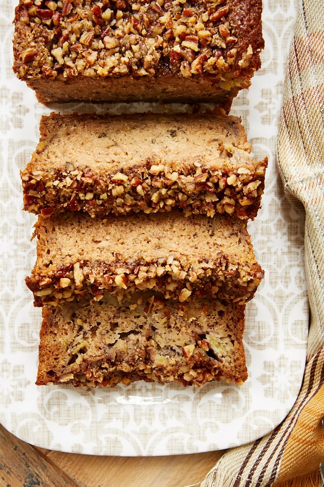 sliced Brown Butter Banana Bread on a floral patterned tray