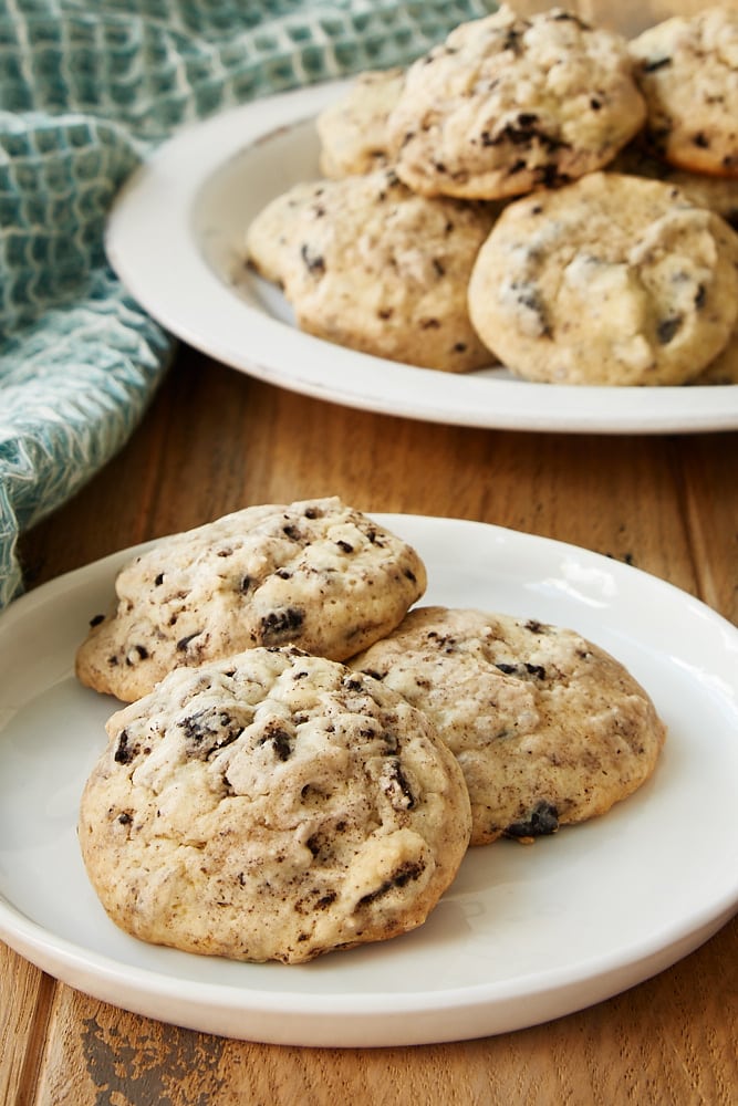 three Cookies and Cream Cheesecake Cookies on a white plate