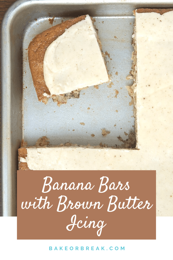 Banana Bars with Browned Butter Icing on a baking sheet