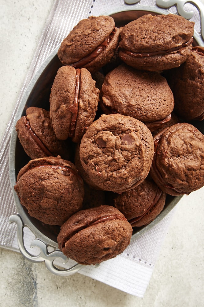 Double Chocolate Sandwich Cookies served in a shallow pewter bowl