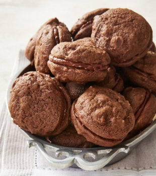 Double Chocolate Sandwich Cookies on a pewter tray