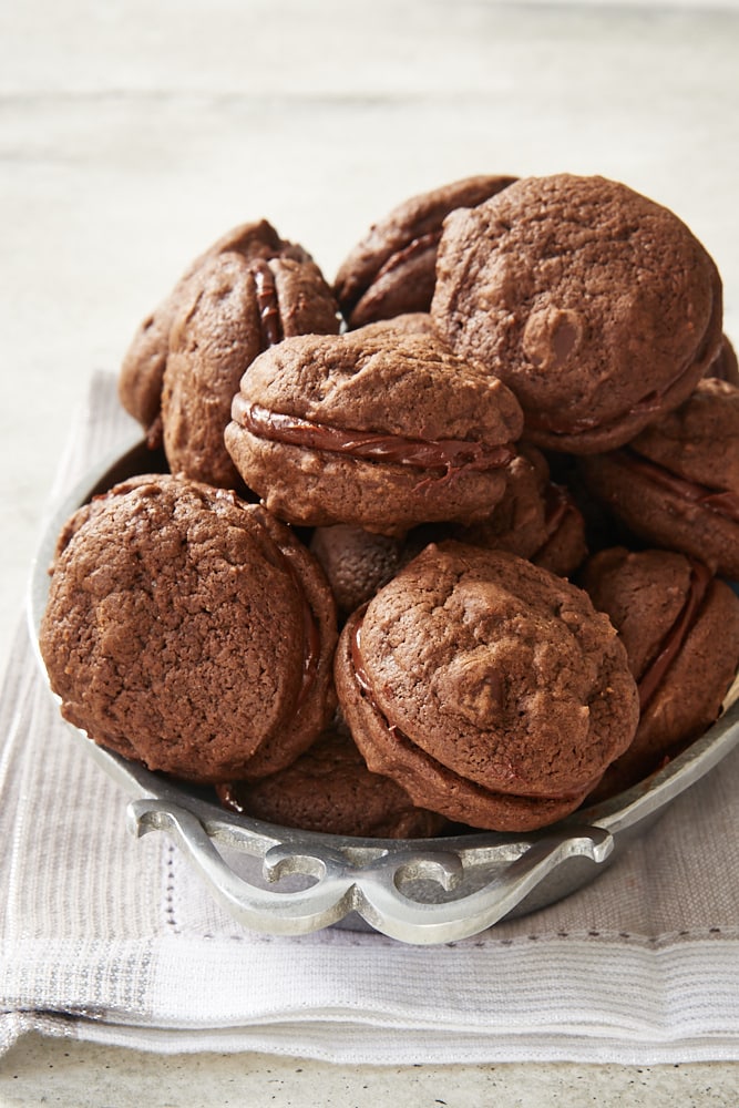 Double Chocolate Sandwich Cookies on a pewter tray