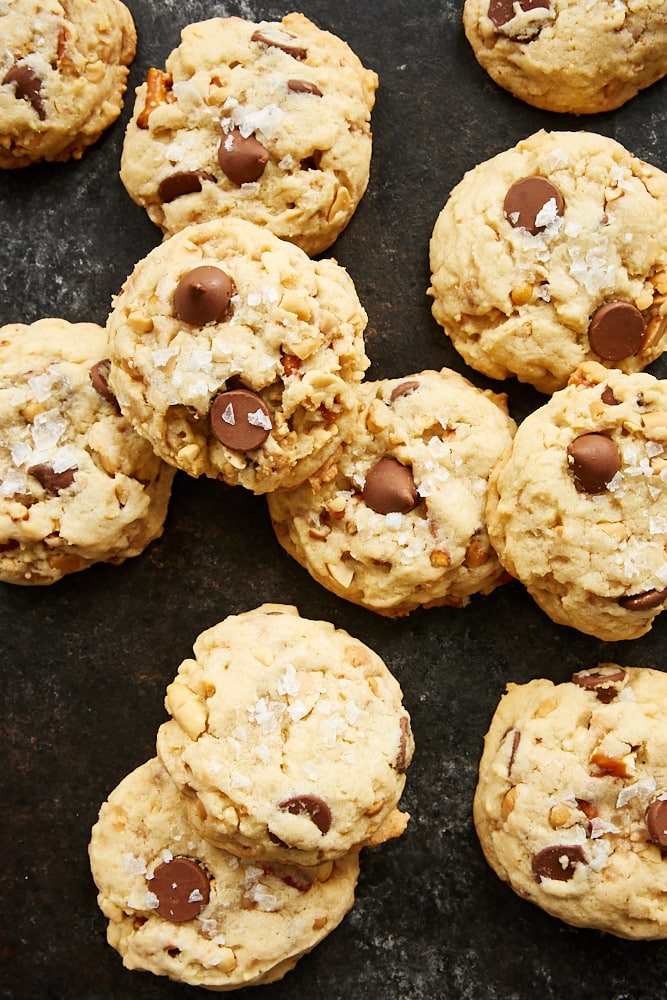 Sweet and Salty Chocolate Chip Cookies on a dark surface