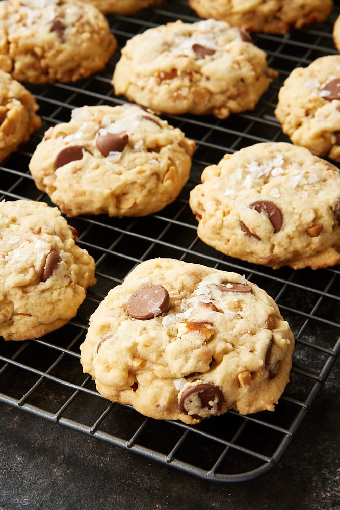 Sweet and Salty Chocolate Chip Cookies on a wire cooling rack