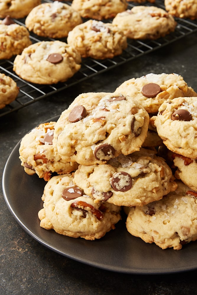 Sweet and Salty Chocolate Chip Cookies on a dark gray plate