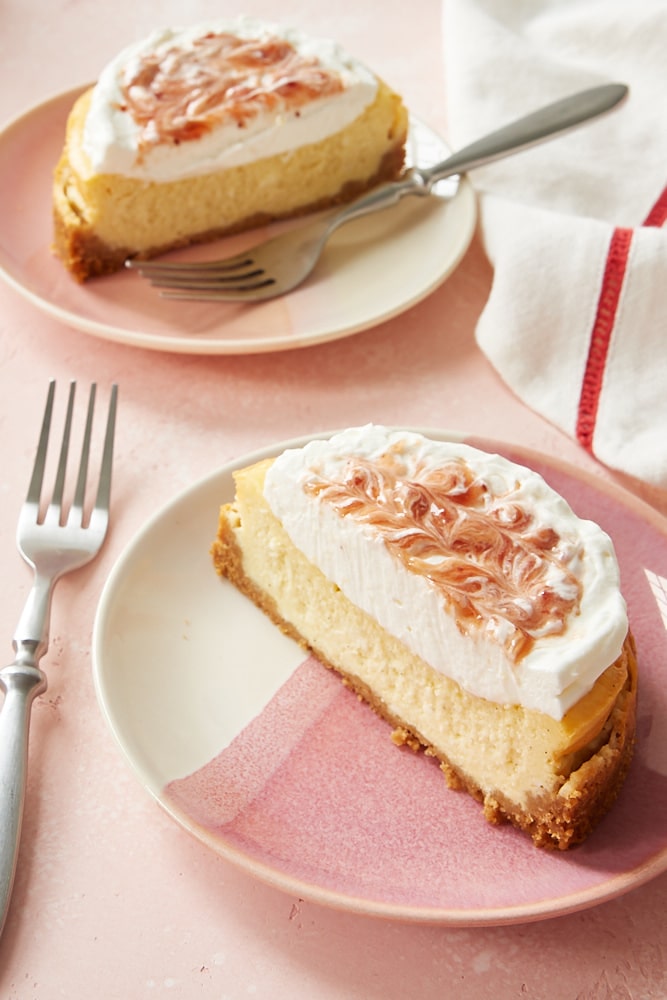 Vanilla Bean Cheesecake for Two on pink and white plates