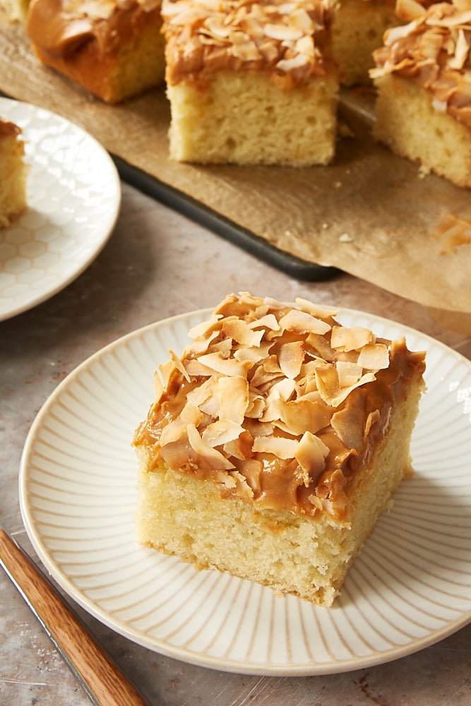 slice of Coconut Cake with Dulce de Leche Frosting on a white and beige plate