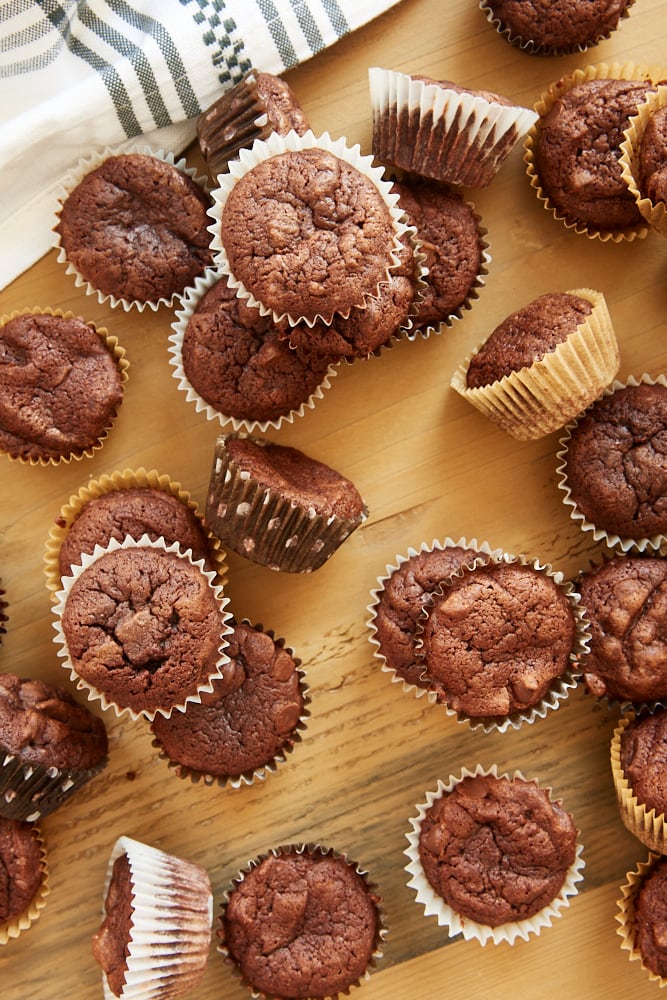 Irish Cream Brownie Bites in paper wrappers