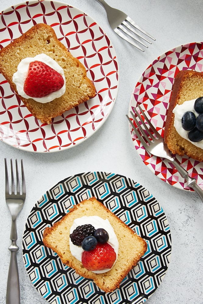 slices of Sour Cream Pound Cake on colorful plates