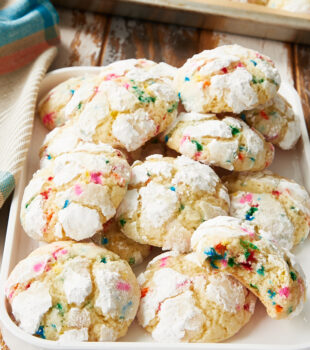 Sprinkle Crinkle Cookies on a white tray