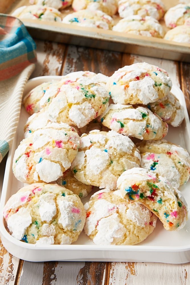 Sprinkle Crinkle Cookies on a white tray