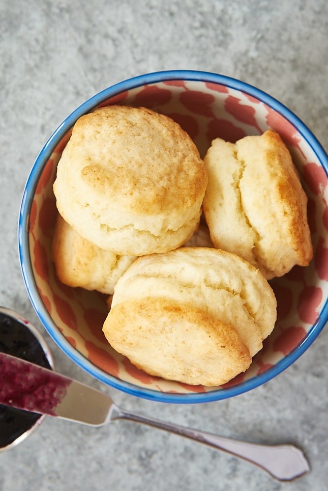 Cream Biscuits in a blue and pink bowl