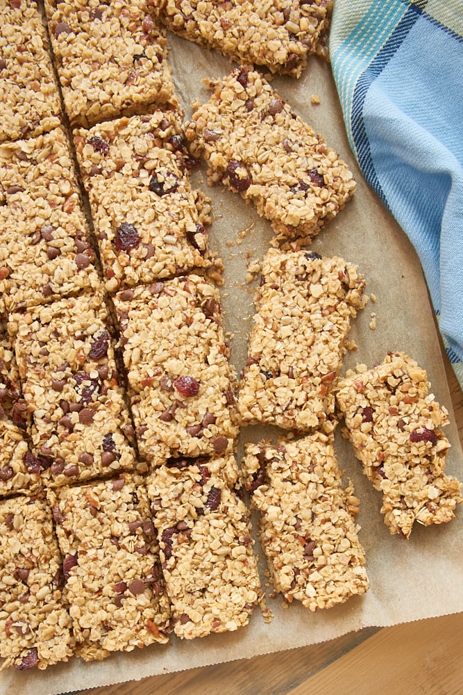 sliced Cranberry Chocolate Chip Pecan Granola Bars on parchment paper
