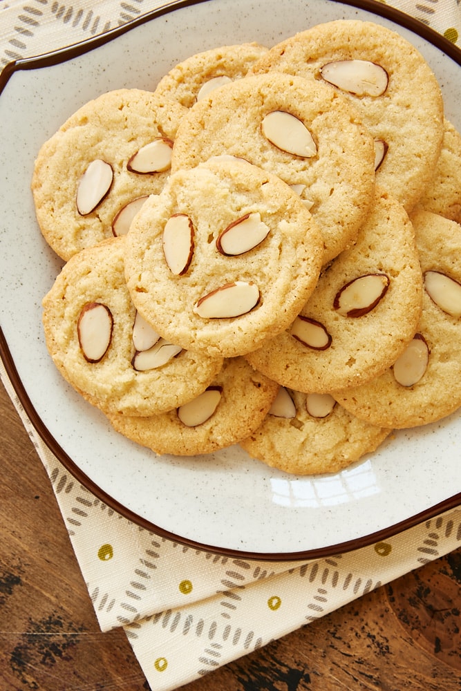 Almond cookies stacked on a plate