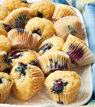 Blueberry Sour Cream Mini Muffins on a white tray