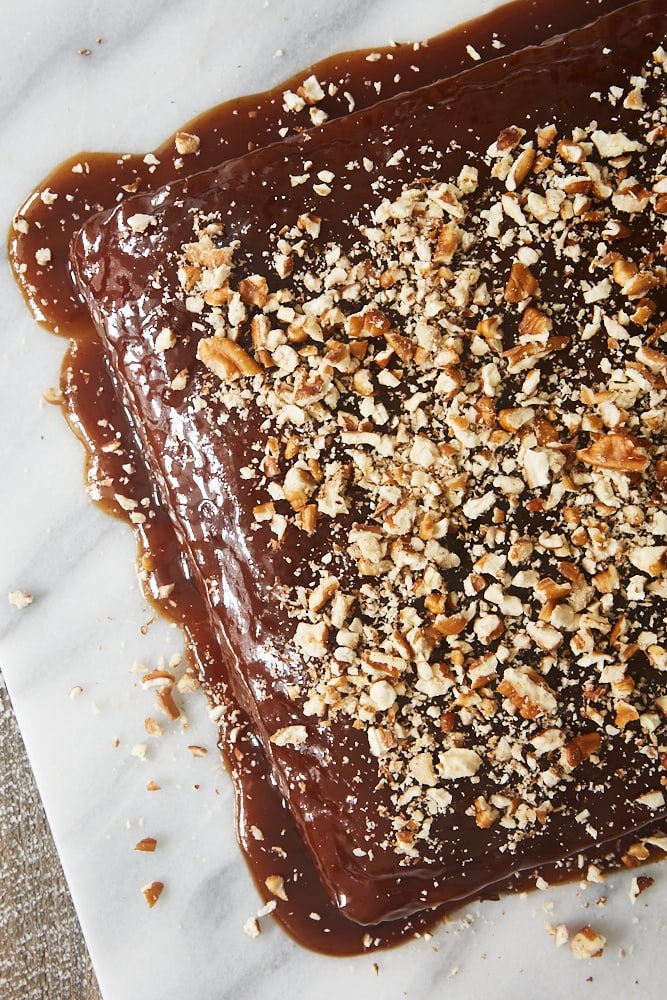 Overhead view of Cinnamon Pudding Cake on a marble serving tray