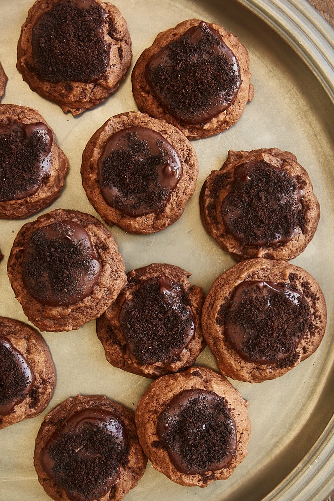 overhead view of Chocolate Blackout Cookies on a pewter tray