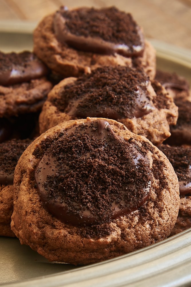 close-up view of Chocolate Blackout Cookies on a pewter tray