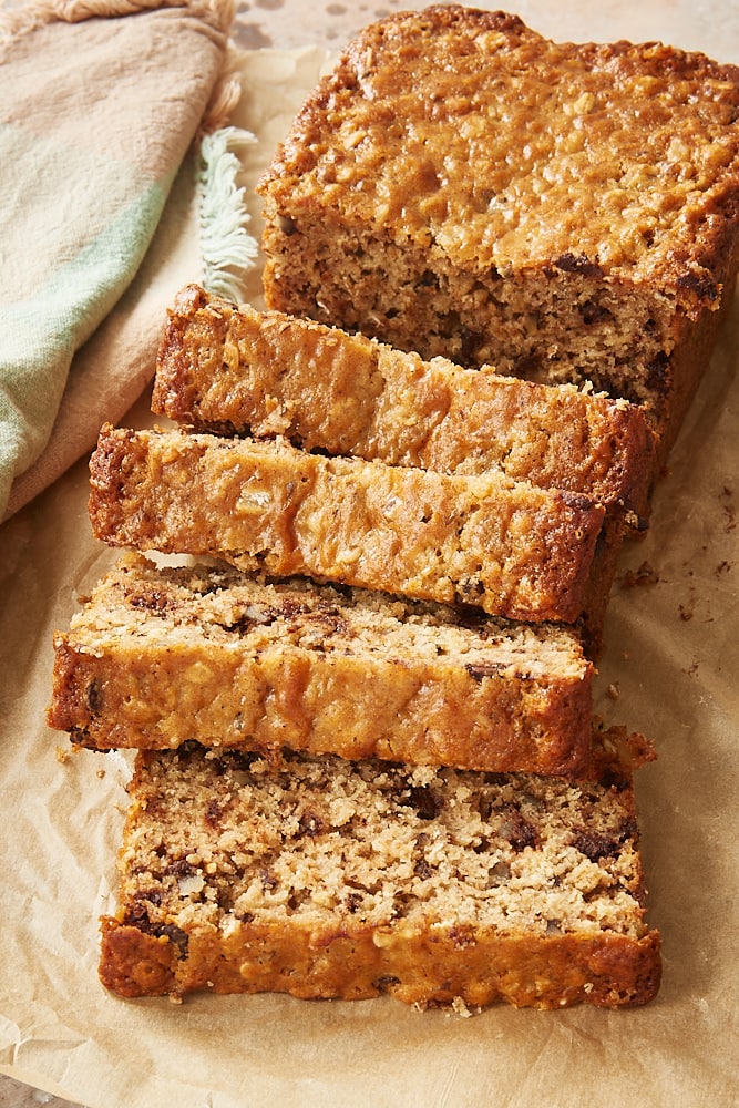 sliced Chocolate Chip Oatmeal Quick Bread on parchment paper