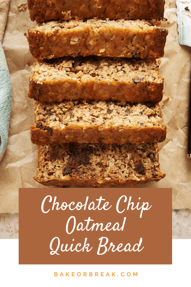 Chocolate Chip Oatmeal Quick Bread sliced on parchment paper.