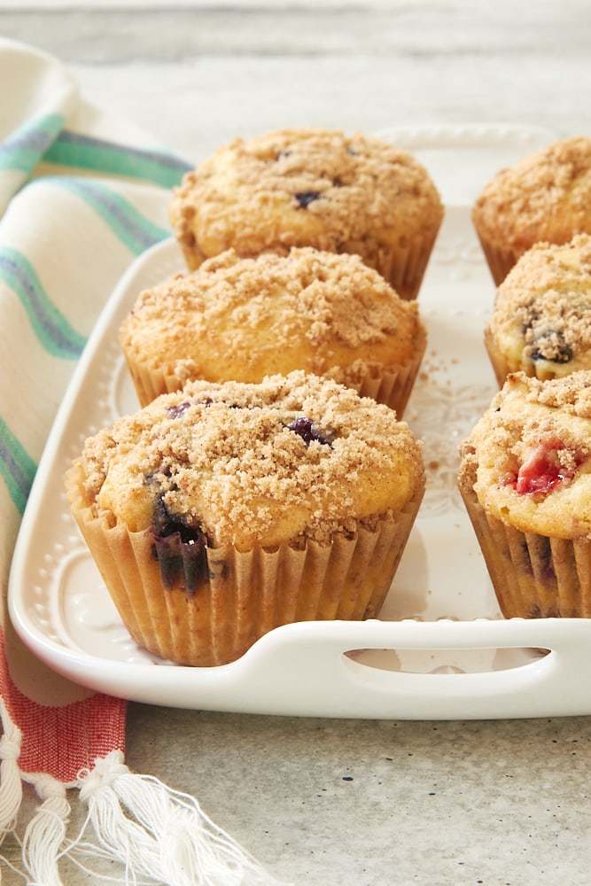 Berry Cheesecake Muffins on a white tray