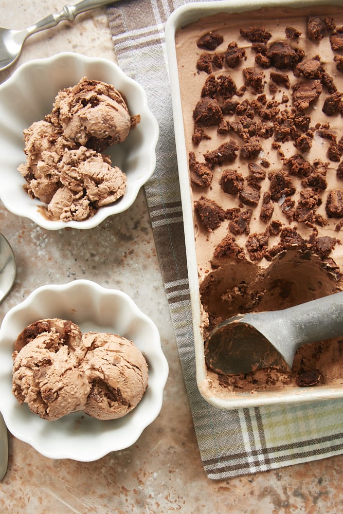 overhead view of No-Churn Chocolate Brownie Ice Cream in a metal pan and in white fluted bowls