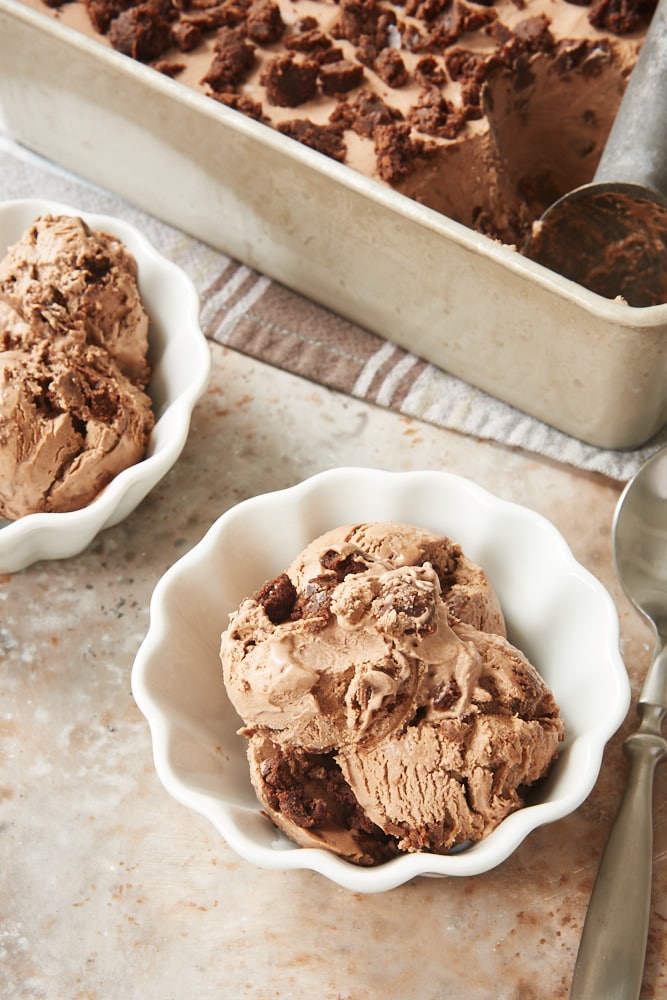 No-Churn Chocolate Brownie Ice Cream in white bowls
