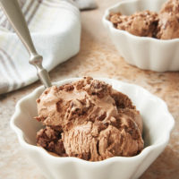 No-Churn Chocolate Brownie Ice Cream served in white fluted bowls