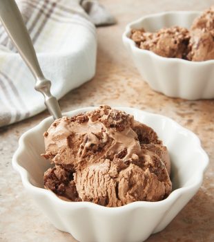 No-Churn Chocolate Brownie Ice Cream served in white fluted bowls