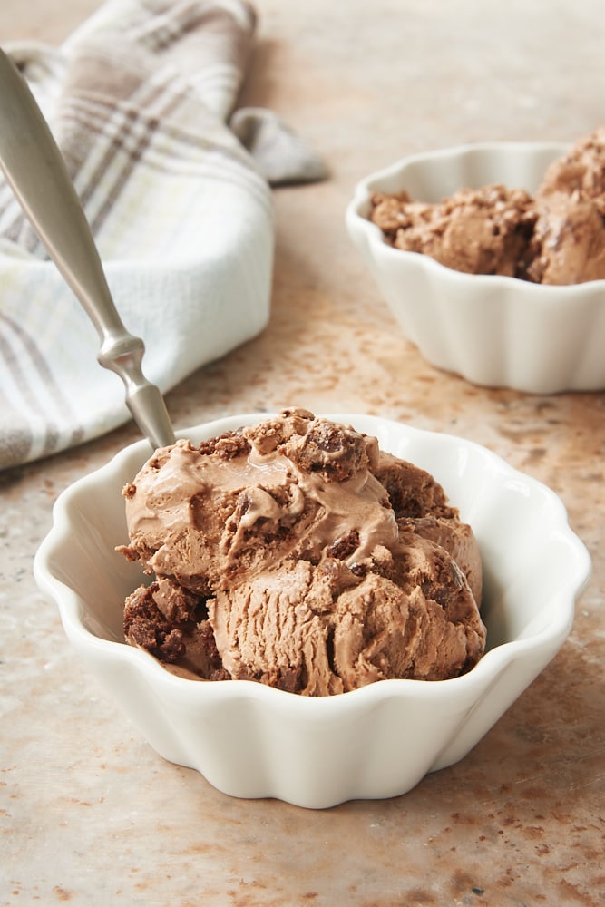 No-Churn Chocolate Brownie Ice Cream served in white fluted bowls