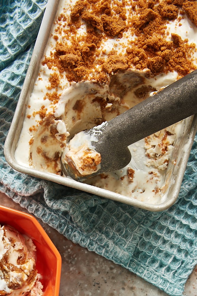 overhead view of No-Churn Dulce de Leche Biscoff Ice Cream in a metal loaf pan