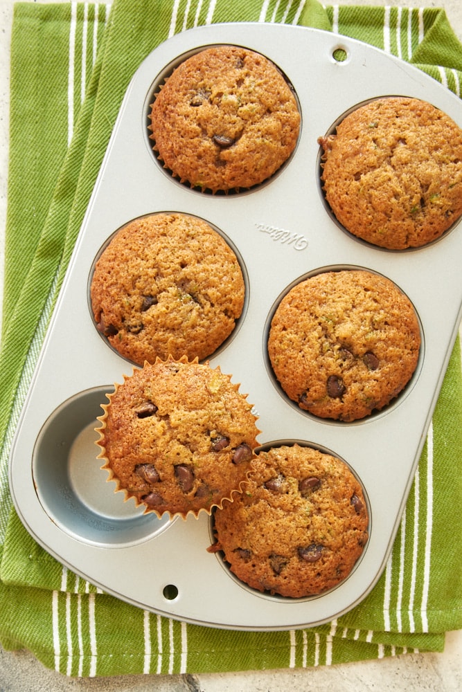 overhead view of Chocolate Chip Zucchini Muffins in a muffin pan