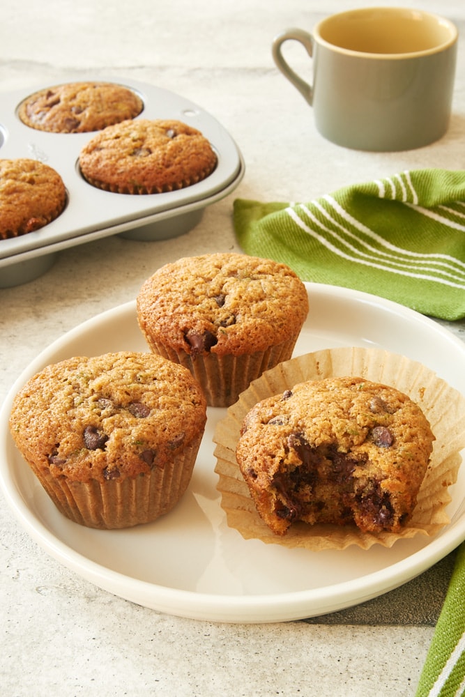 Chocolate Chip Zucchini Muffins on a white plate