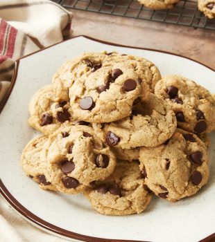 Rye Chocolate Chip Cookies on a white and brown plate