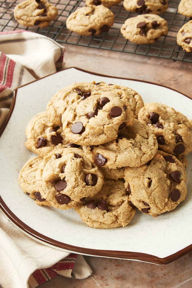 Rye Chocolate Chip Cookies on a white and brown plate