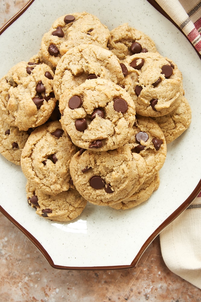 overhead view of Rye Chocolate Chip Cookies on a white and brown plate