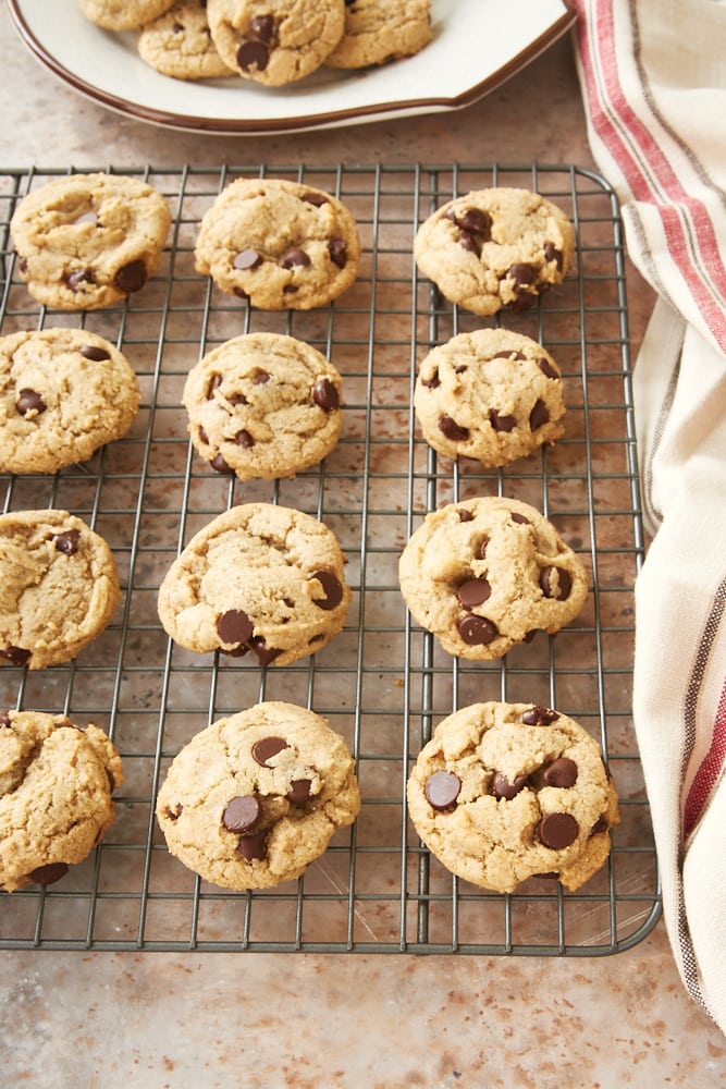 Rye Chocolate Chip Cookies on a wire cooling rack