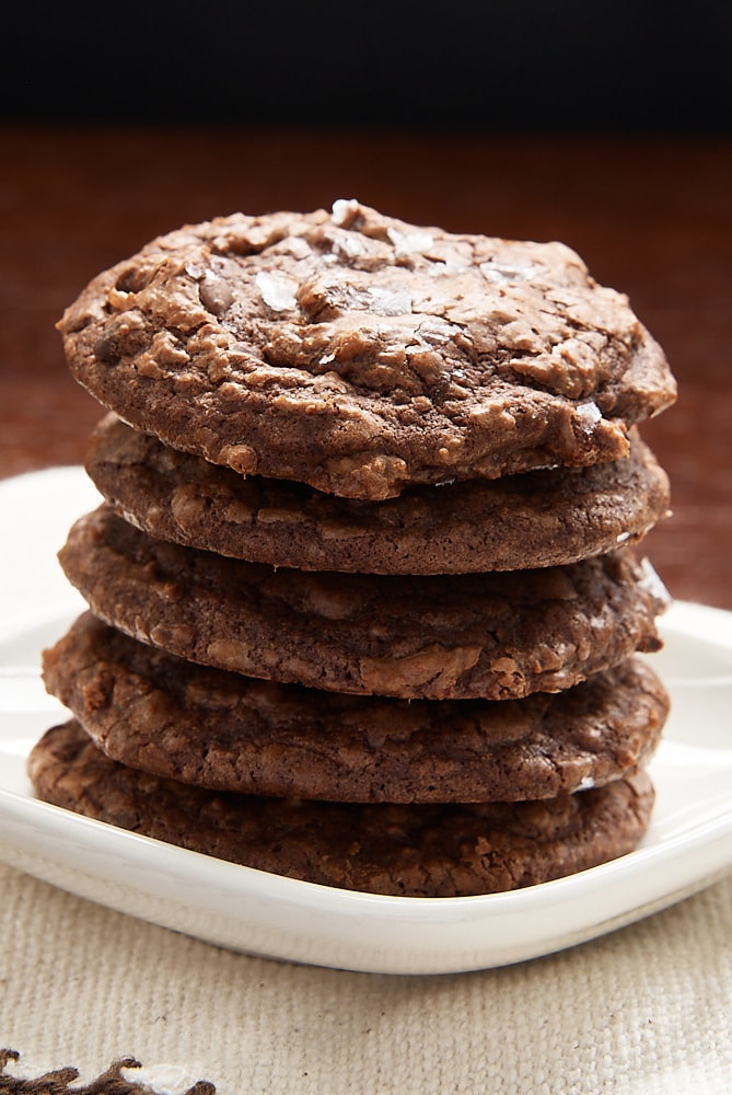 stack of Salted Chocolate Truffle Cookies on a white plate