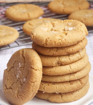 stack of Brown Butter Sugar Cookies on a white plate